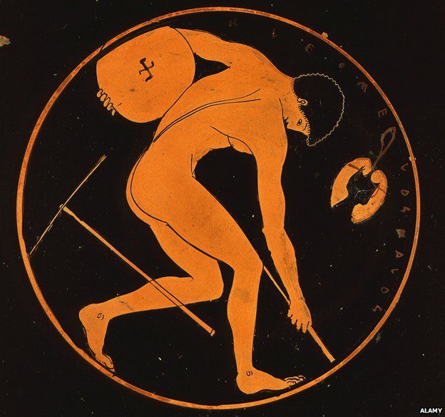 Discus thrower, red figure cup attributed to the Cleomelos Painter, 5th century BC Classical Greek (detail)