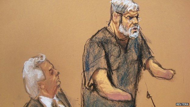 A courtroom sketch shows Abu Hamza, 56, with his defence lawyer Sam Schmidt 9 January 2015