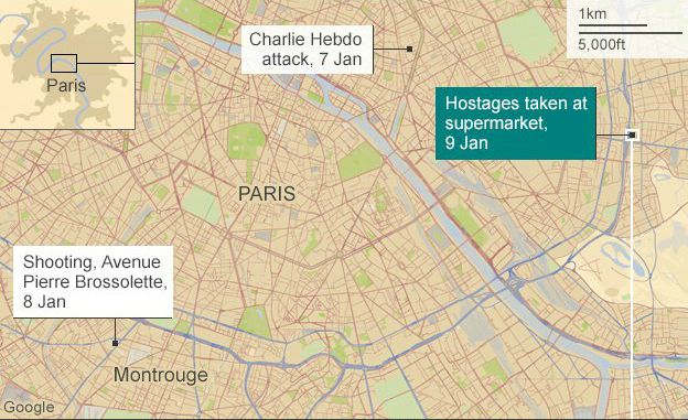 Map of Paris showing the locations of three deadly attacks in January 2015