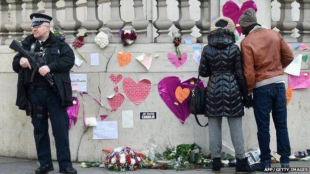 A British armed police officer stands guard a couple looking at tributes to the victims of the Jihadist attacks in France outside the French embassy in London