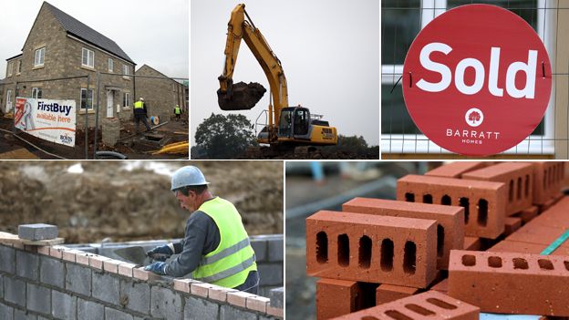 Images of housebuilding (clockwise from top left): house under construction; digger; "sold" sign; bricks; bricklayer