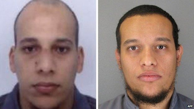 This combo shows handout photos released by French Police in Paris early on January 8, 2015 of suspects Cherif Kouachi (L), aged 32, and his brother Said Kouachi (R), aged 34