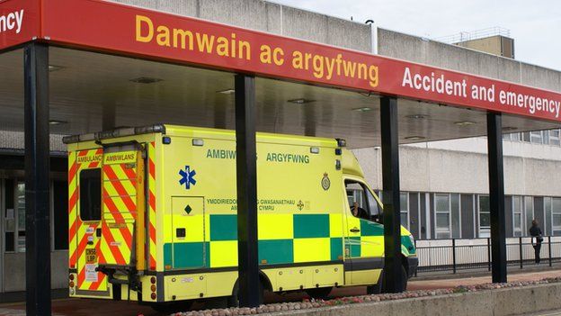 Glan Clwyd Hospital A&E with ambulance outside