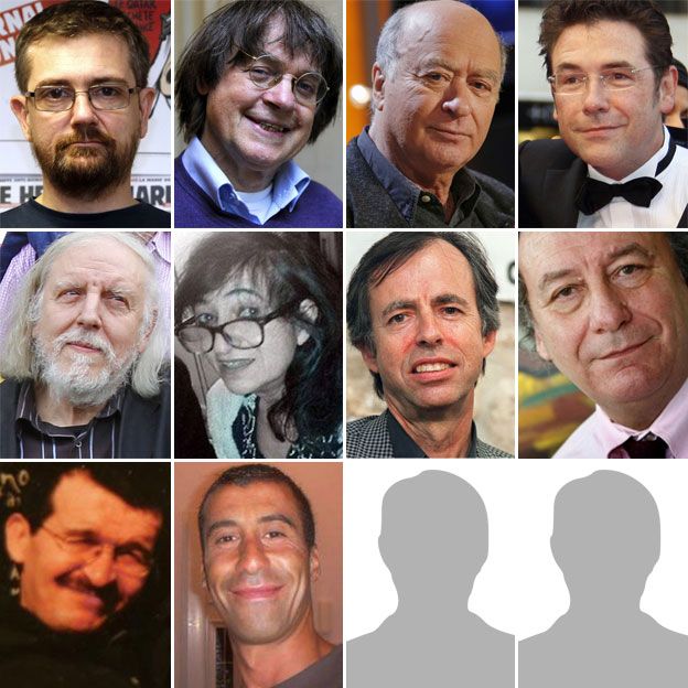 Top row, from left: Stephane "Charb" Charbonnier, Jean "Cabu" Cabut, Georges Wolinski, Bernard "Tignous" Verlhac. Middle row, from left: Philippe Honore, Elsa Cayat, Bernard Maris, Michel Renaud. Bottom row: Mustapha Ourrad, Ahmed Merabet