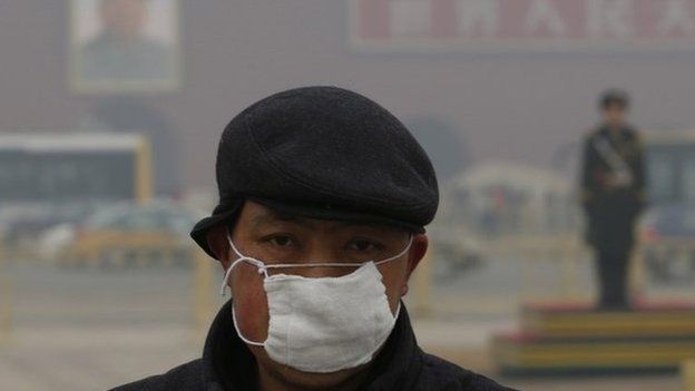 A man wears a mask as he makes his way during a polluted day at Tiananmen Square in Beijing
