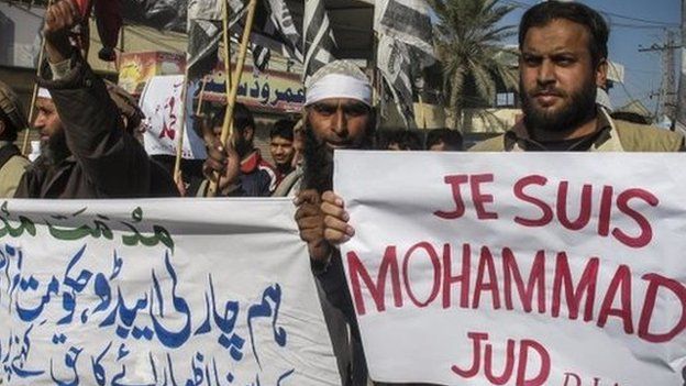 Supporters of banned Islamic charity Jamatud Dawa protest against French magazine Charlie Hebdo for publishing a depiction of the Prophet Mohammad, in Dear Ismail Khan, Pakistan on 16 January 2015