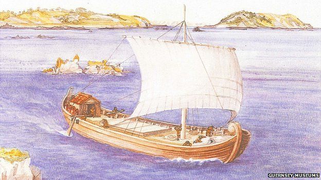 Впечатление художника от галло-римского затонувшего корабля «Астерикс», найденного в устье гавани Сент-Питер-Порт, Гернси