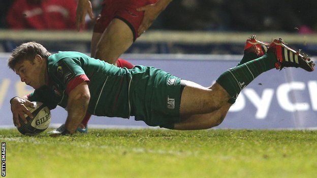 Tom Youngs dives over for the second of his two tries for Leicester