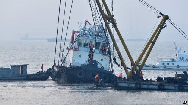 Rescuers approach the lifted wreckage of capsized tug boat "Wanshenzhou 67" on the Yangtze River near Jingjiang, east China's Jiangsu Province, 17 January 2015