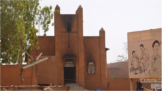 A church, which was damaged after it was set on fire by protesters during a demonstration against French weekly Charlie Hebdo's publication of a cartoon of the Prophet Muhammad in Niamey.