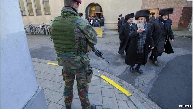 Belgian soldier outside a Jewish school in Antwerp