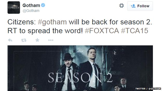 Tweet from official Gotham account announcing a second series