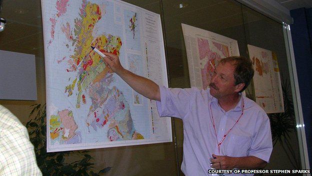 Prof Stephen Sparks pointing out ancient volcanoes in the Scottish Highlands