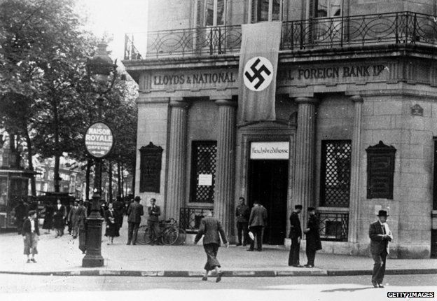 The Paris branch of the Lloyds Bank after being converted into a German bank during Nazi occupation - 1942