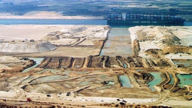 Egyptian government handout showing aerial view of construction of the second Suez Canal