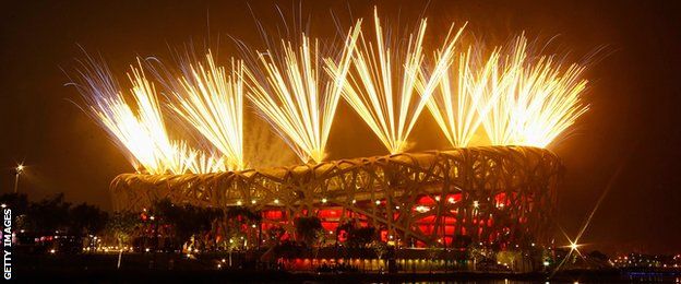 Fireworks explode during the Opening Ceremony for the 2008 Beijing Summer Olympics at the National Stadium on August 8, 2008