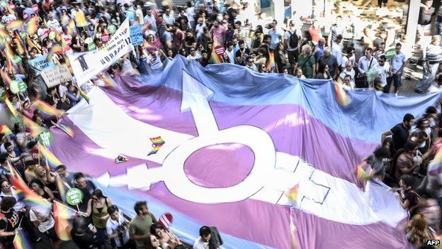A giant transgender flag surrounded by a crowd of people