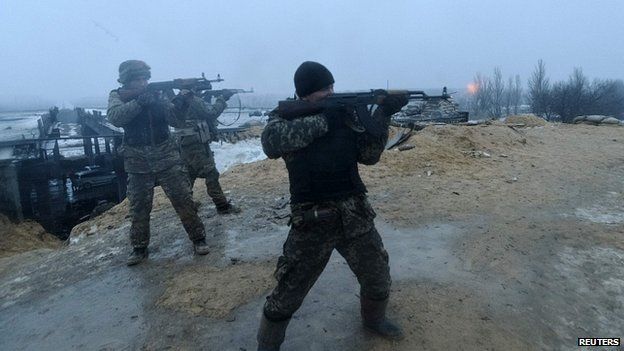 Ukrainian soldiers fighting in Pesky village, near Donetsk. 21 Jan 2015