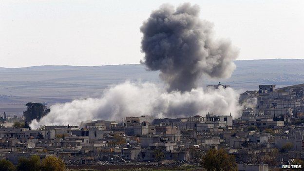 Air strike on Kobane in northern Syria. 23 Nov 2014