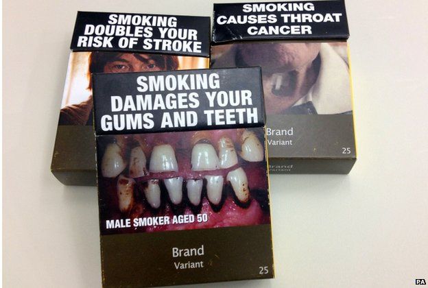 Some examples of standardised cigarette packs used in Australia, taken on 3 April 2014.