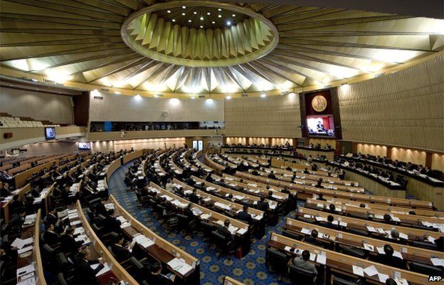 Members of the National Legislative Assembly (NLA) attend a session to discuss the budget bill for 2015 at Parliament in Bangkok on 18 August 2014.