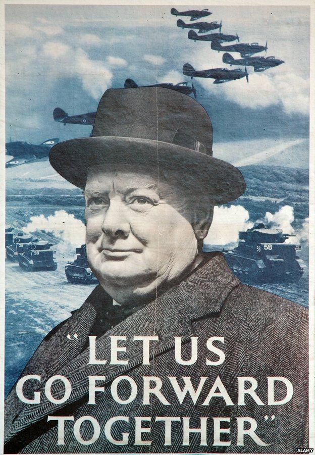 Wartime poster of Churchill, reading "Let us go forward together"