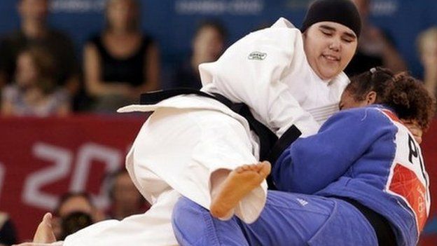 Saudi Arabia's Wojdan Shahrkhani in action at her first Olympic Games