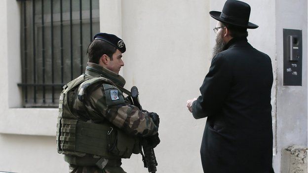 Soldier patrolling Jewish area in Paris, 20 Jan 15