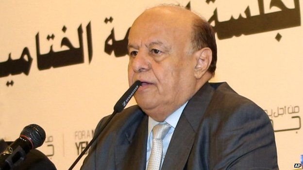 Yemeni President Abed Rabbo Mansour Hadi speaks during the closing session of the national dialogue conference in Sanaa, Yemen. Hadi submitted his resignation Thursday, Jan. 22, 2015