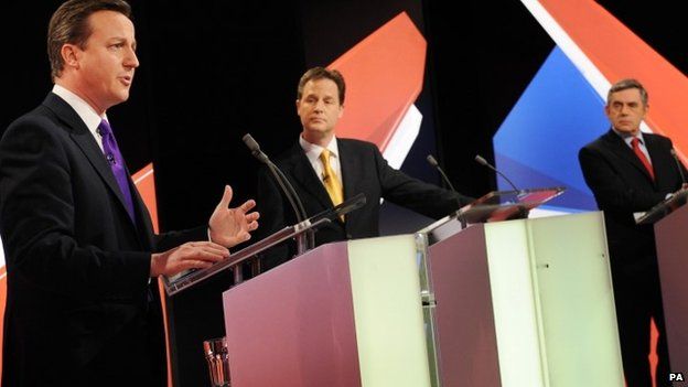 David Cameron, Nick Clegg and Gordon Brown during the 2010 general election debate broadcast by Sky News