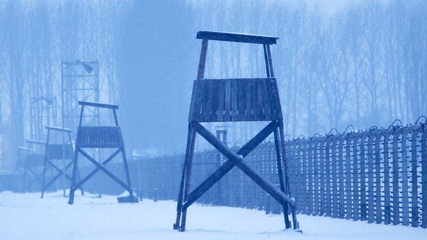 Auschwitz guard towers and barbed wire fence, file pic