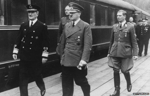 Hitler meeting Hungarian leader Miklos Horthy on 20 Mar 1944