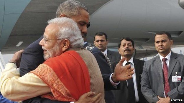 President Barack Obama upon his arrival at Air Force Station Palam in New Delhi January 25, 2015. Signalling his determination to take relations with the United States to a higher level, Modi broke with protocol to meet and bear-hug Obama as he landed in New Delhi on Sunday.