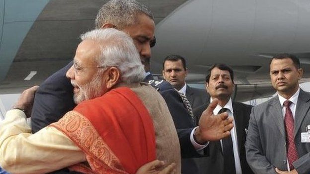 President Barack Obama upon his arrival in Delhi on January 25, 2015. Modi broke with protocol to meet and bear-hug Obama