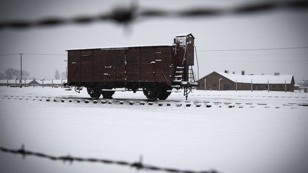 Snows falls on a train car at the memorial site of the former Nazi concentration camp Auschwitz-Birkenau.