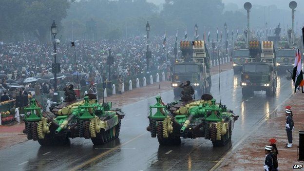 Indian military vehicles and missile launching systems are displayed during the nation's Republic Day parade on Rajpath in New Delhi on January 26, 2015.
