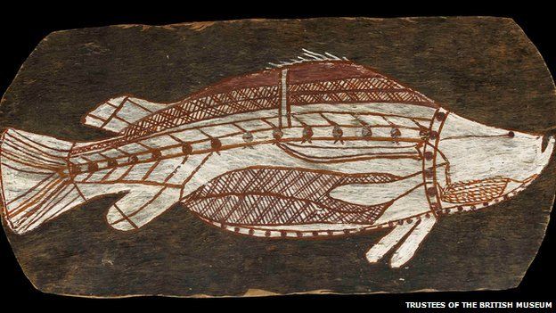 001 Bark painting of a barramundi. Western Arnhem Land, about 1961. © The Trustees of the British Museum.