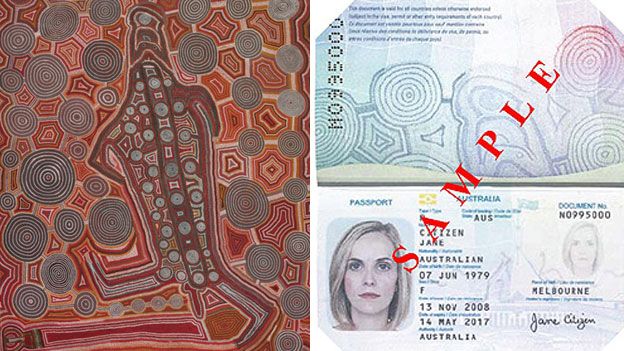 A detail from Yumari 'Yumari', Uta Uta Tjangala (c. 1926-1990) and an Australian passport