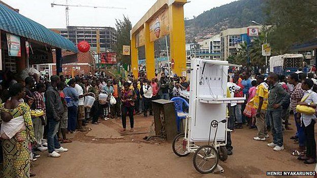One of Henry Nyakarundi's solar powered phone charging stations in Rwanda
