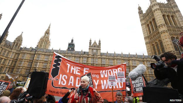 Fashion designer Vivienne Westwood protesting against fracking outside the Houses of Parliament