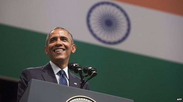 US President Barack Obama speaks on US - India relations during a townhall event at Siri Fort Auditorium in Delhi on January 27, 2015