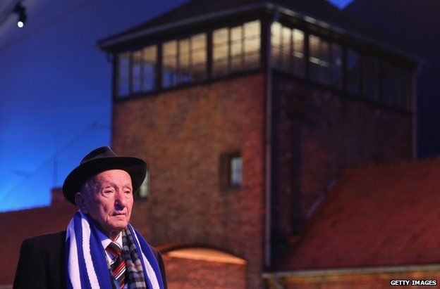 Yuda Widawski, 96, who is among the oldest survivors of the Auschwitz concentration camp, arrives for ceremonies at the Auschwitz-Birkenau site, 27 January
