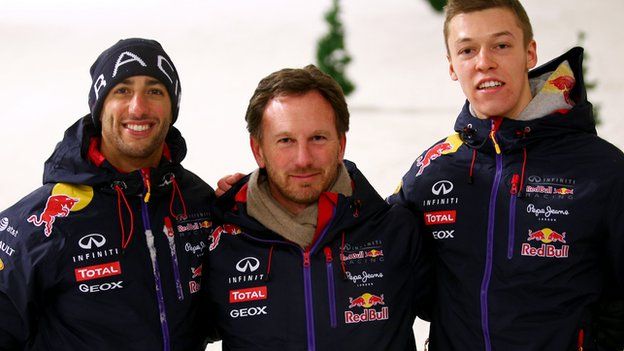 Daniel Ricciardo, Christian Horner and Daniil Kvyat