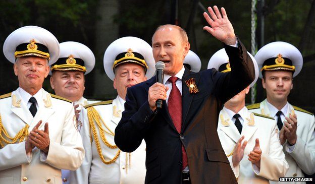 Russian President Vladimir Putin speaks during his visit to the Crimean port of Sevastopol on May 9, 2014.