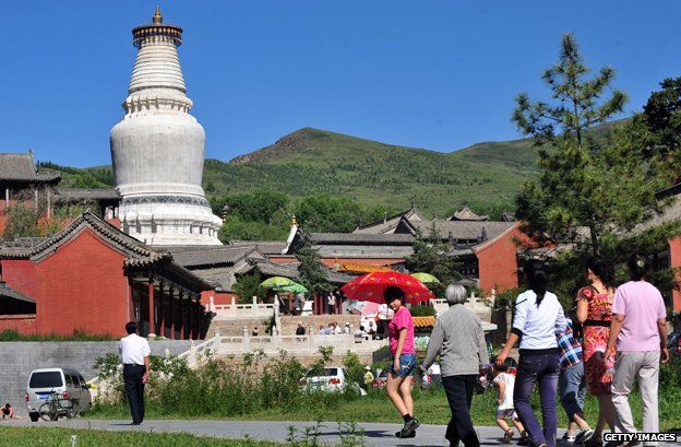 Chinese visitors approach a Buddhist monastery, Mt Wutai