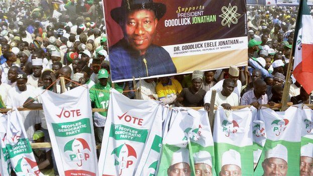 Supporters of Nigeria's People's Democratic Party gather during a presidential campaign rally in Kano, Nigeria - Wednesday 21 January 2015