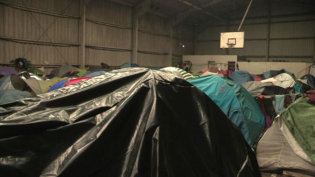 Tents in sports centre, Calais