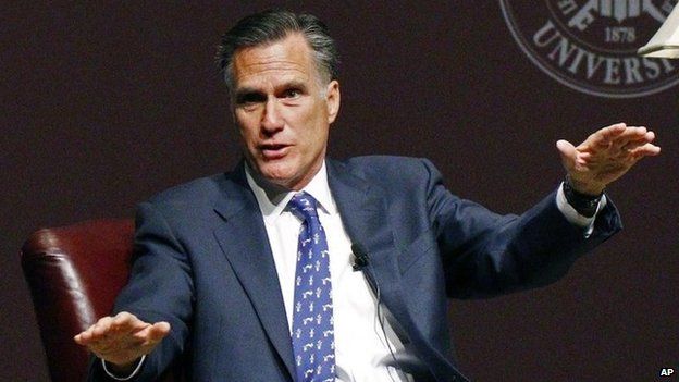 Former GOP presidential candidate Mitt Romney answers a question after his lecture to the student body and guests at Mississippi State University in Starkville, Mississippi