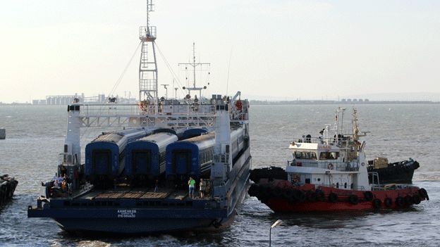 A rail ferry arrives in Kerch, Crimea, from Port Kavkaz in Russia, 4 August 2014
