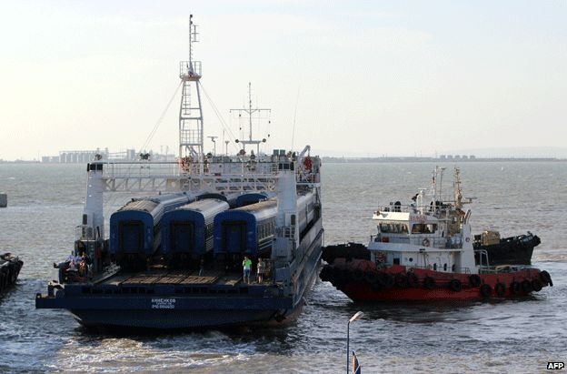 A rail ferry arrives in Kerch, Crimea, from Port Kavkaz in Russia, 4 August 2014
